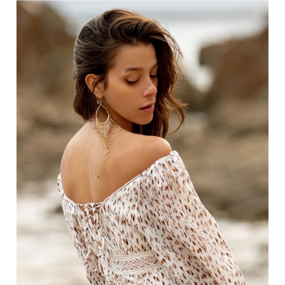 Joyfolie off the shoulder layered hem dress -beautiful color, print & movement